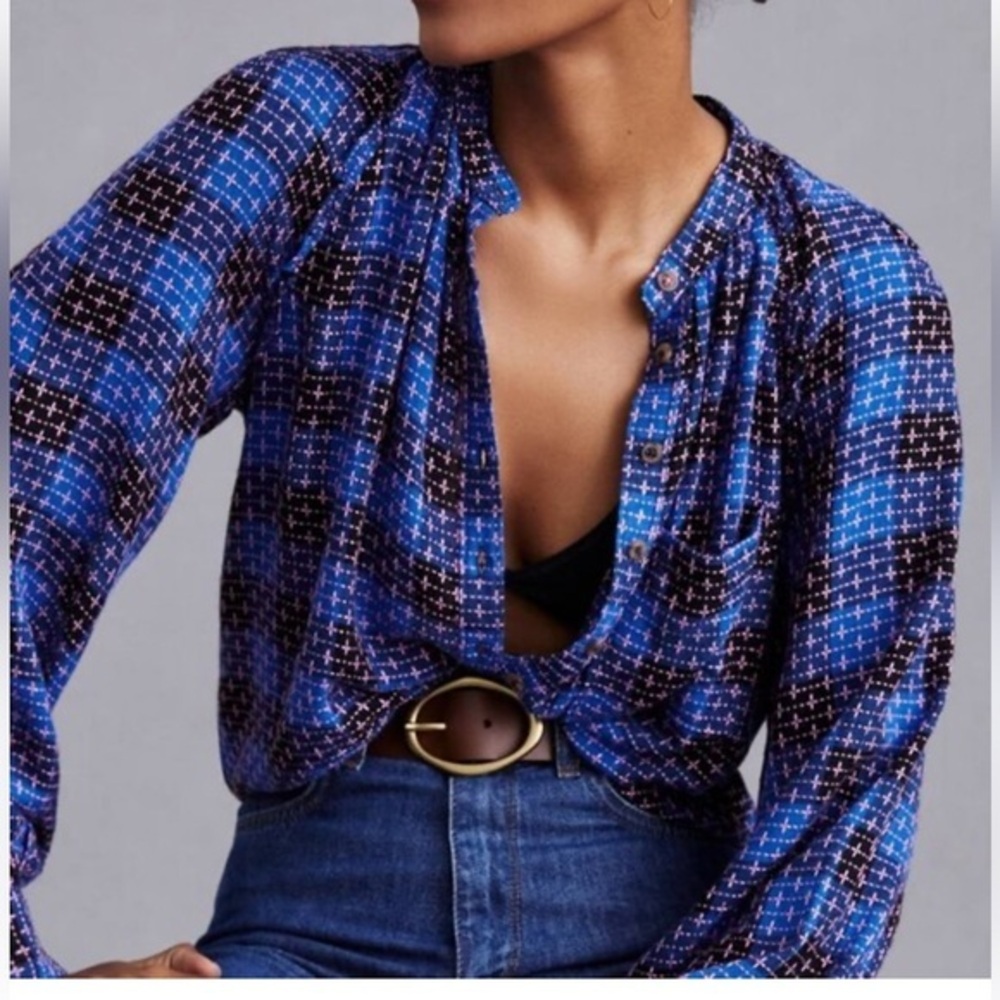 Anthropologie- Pilcro-  Blue and Black Plaid Button Down Shirt
